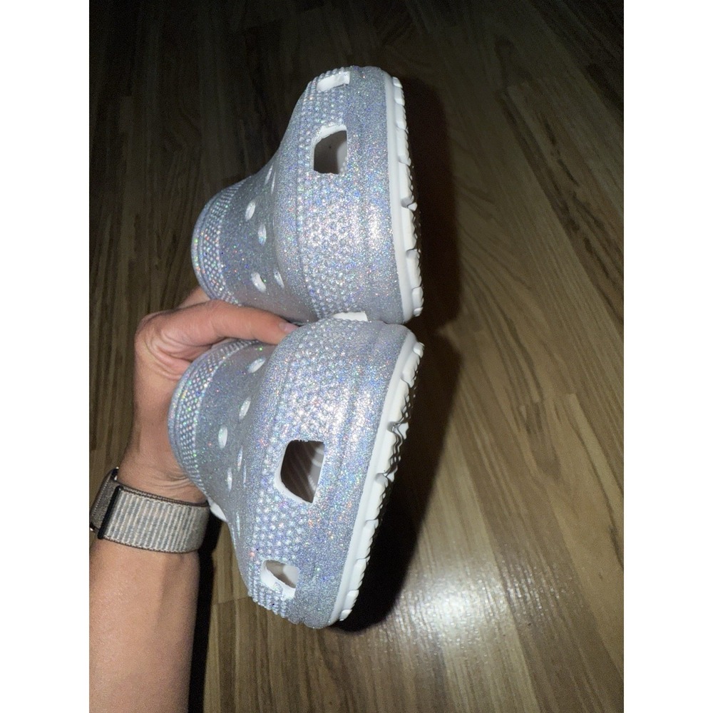 Crocs Unisex Classic Silver Glitter Sparkle Iridescent Size M5 W7 EUC - Picture 4 of 7